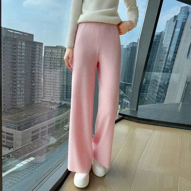 100% Cashmere Women's Pants 2025 New Collection Knitwear Female Clothes Cozy Trousers Korean Popular Winter Thick Wide Leg Pants