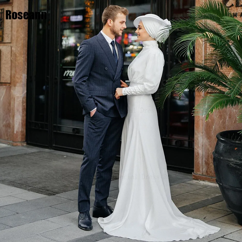 Vestido de novia musulmán, traje largo hasta el suelo con botones de satén, pliegues completos, cuello alto, tren de cepillo, 2024