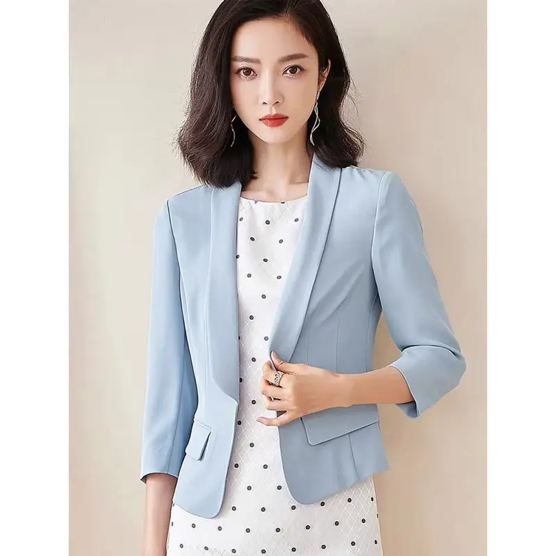 Chaqueta de oficina sencilla para mujer, blazer liso, ajustado, manga de tres cuartos, elegante, para primavera y verano