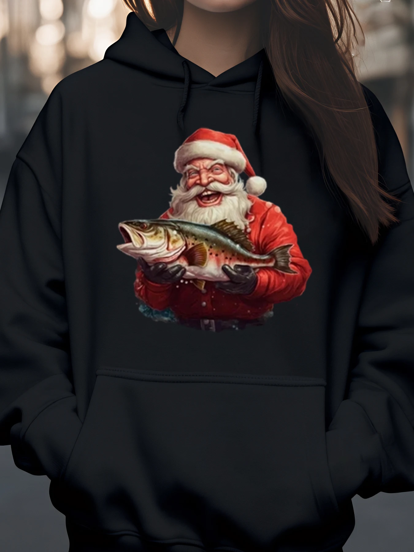 

Рождественская толстовка с принтом Санта-Клауса держит рыбу, повседневная одежда унисекс