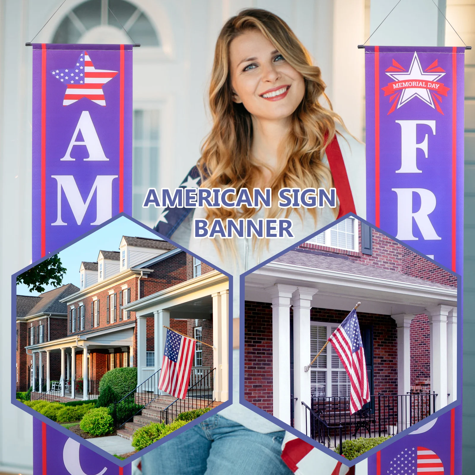 

1Pair Independence Porch Banner Patriotic Hanging Sign Decoration Memorial Day Door Banner 4th of July Party Decoration