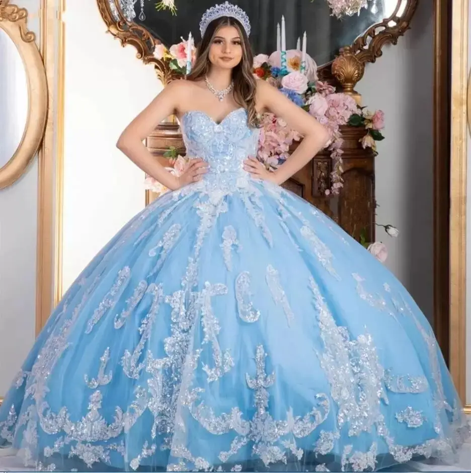 

Shiny Light Quinceanera Dresses With Sequins Lace Appliques Or Length Strapless Corset Ball Gown Princess Sweet 16 Dress