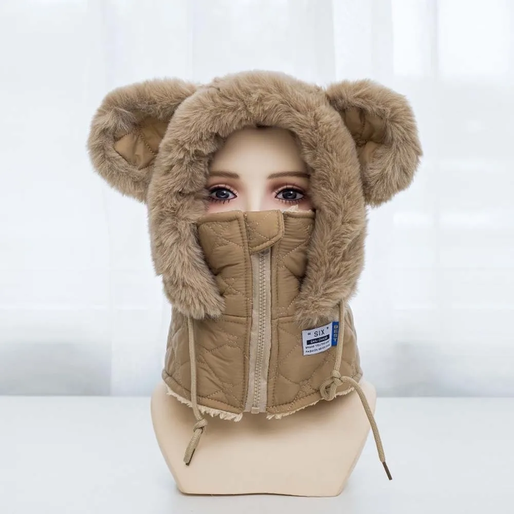 Thick Hooded Scarf Hat Fleece Lined Full Coverage Unisex Balaclava Soft Fabric Zipper Closure Winter Face Mask Adults