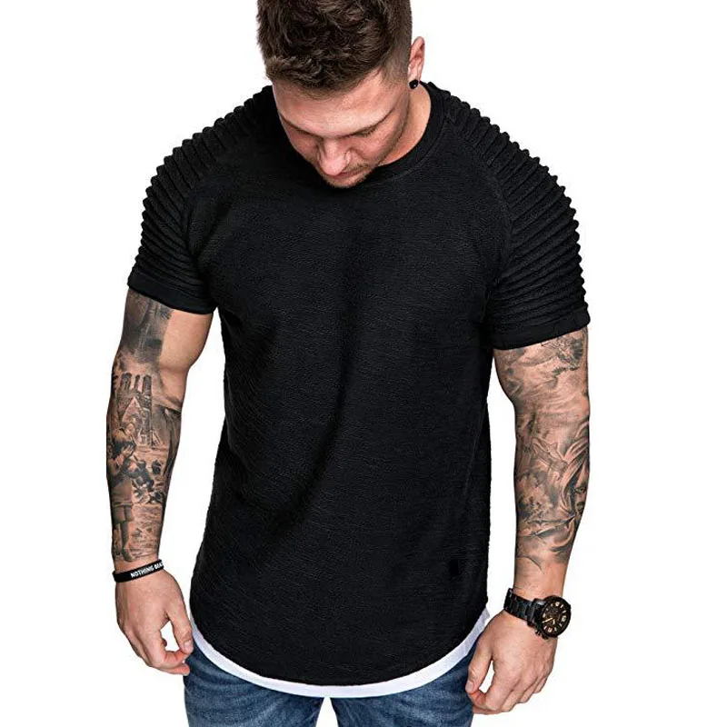 Fashion Pleated Sleeve Men T-shirt Striped Shoulder Funny T Shirts Hip Hop Tops Slim Fit Short Sleeve Summer Tees Shirts MY074