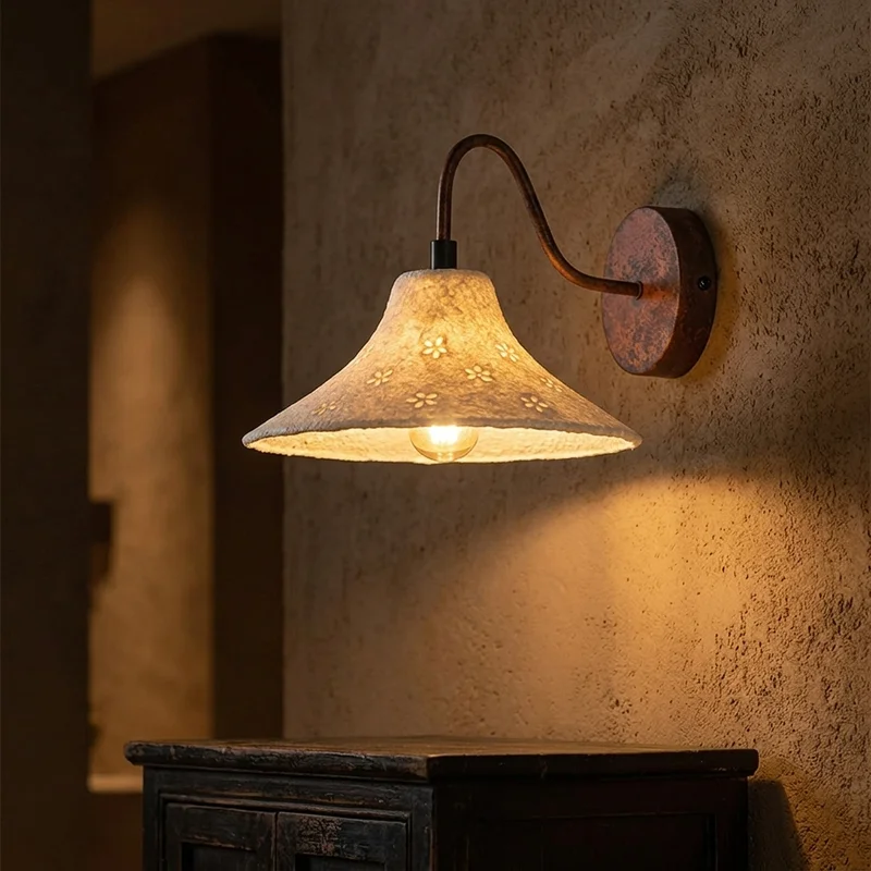 Japanese Wabi Sabi Floral Textured Bell Shade Curved Arm Bedroom Bedside Hallway Living Room Interior Decor Foyer Wall Lamp