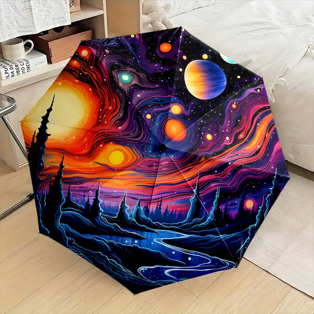 Colorful Cosmic Landscape With Planets And River Design portable waterproof sun rain umbrella for outdoor travel beach