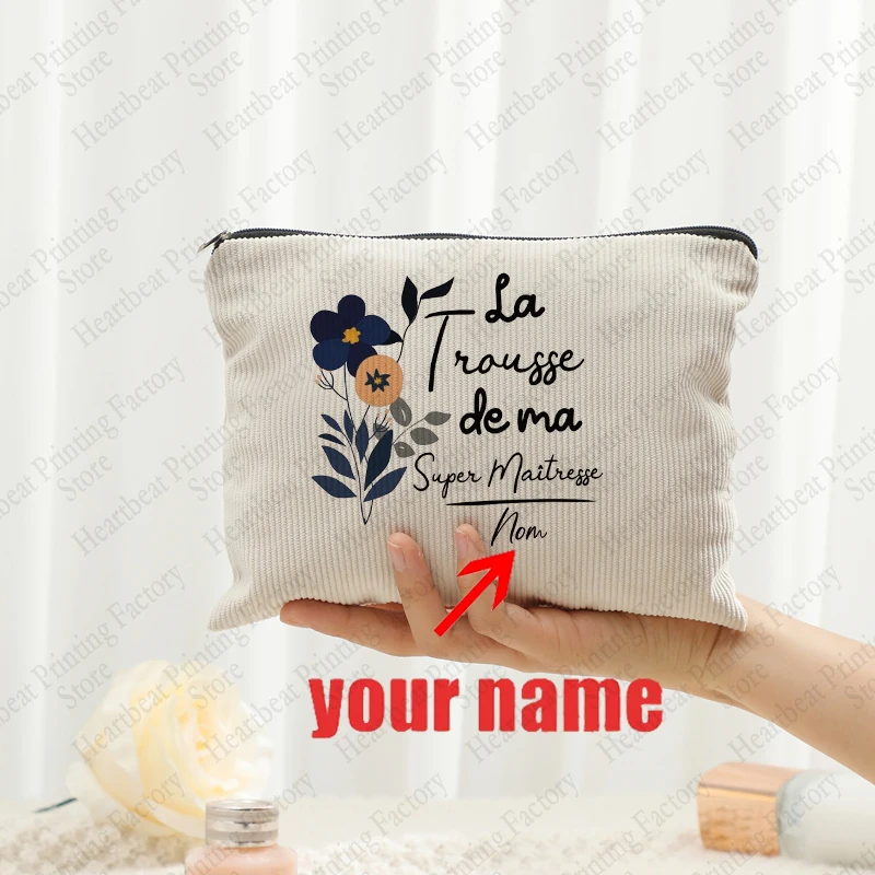 Velours Côtelé Trousse Toilette Personnalisée Pour Maîtresse Cadeau Fin Année Scolaire 2024-2025 - Motif Fleurs Cœurs Éducatrice