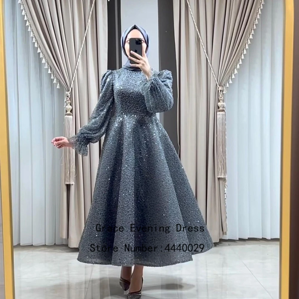 Customized Luxury Muslin Evening Dresses for Women Summer Full Sleeve Moroccan Caftan Sequined Prom Gowns فساتين حفلات New 2025