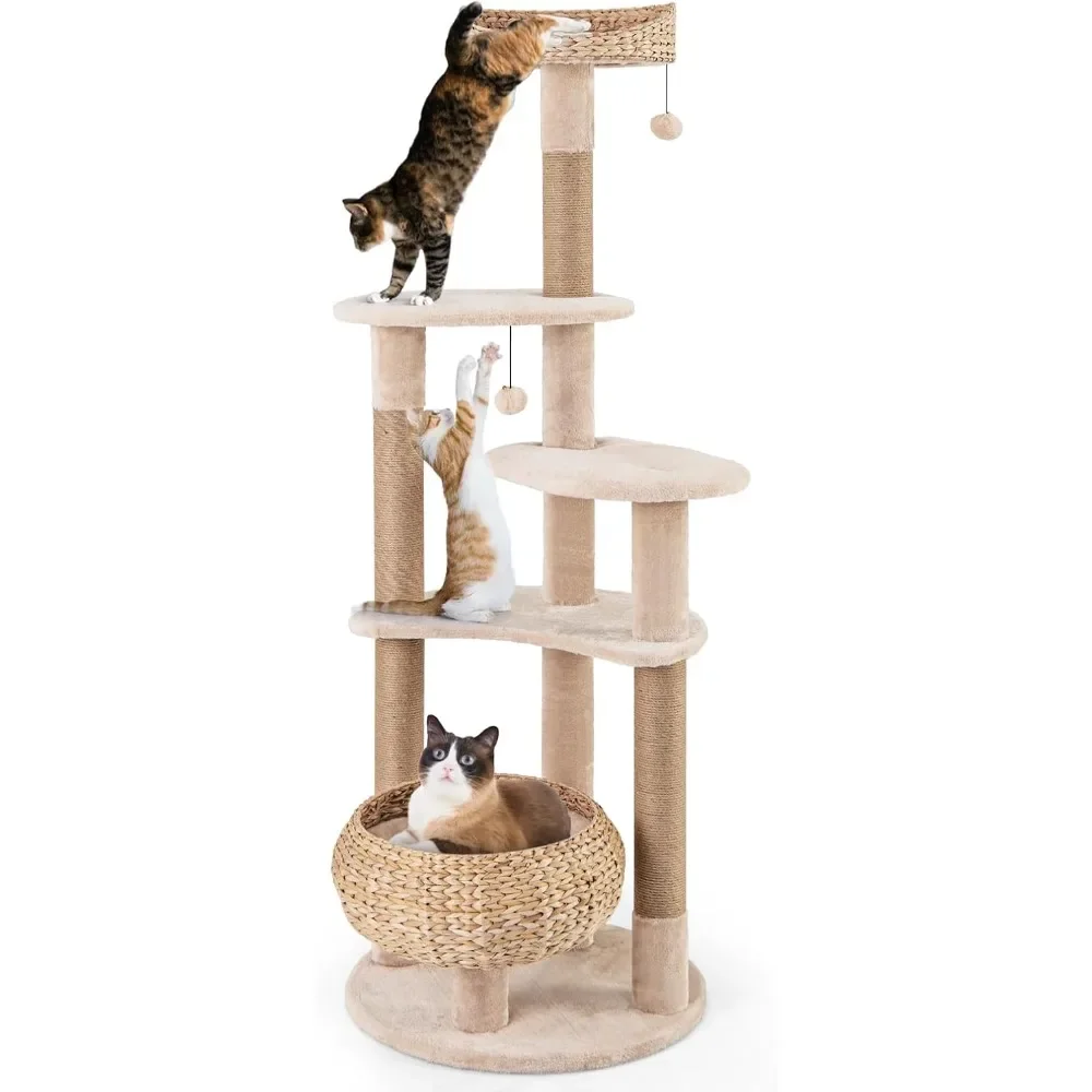 

65 inch Cattail Cat Tree Tower, Multi-Level Cat Tower with Natural Jute Scratching Posts, Cat Bed, Top Perch, Dangling B