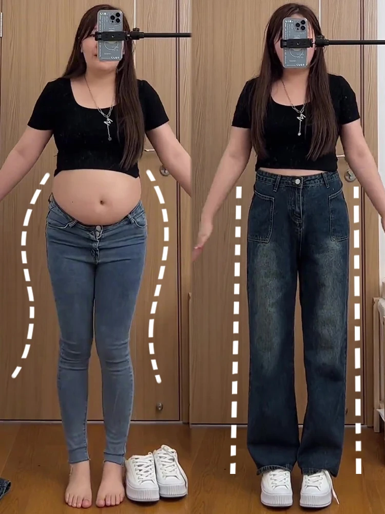 

High Waist Straight Leg Wide Leg Jeans for Pear Shaped Women Spring Autumn plus Size Slimming Loose Fit Floor Length Versatile