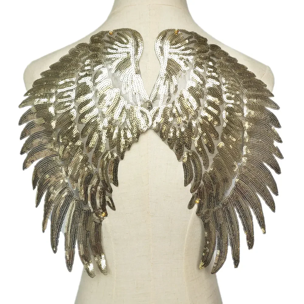 2PCS Gold Silver Rainbow Sequin Feather Angel Wings Sew Iron on Patches 33CM For Dress Jeans Shirt DIY Appliques Decoration