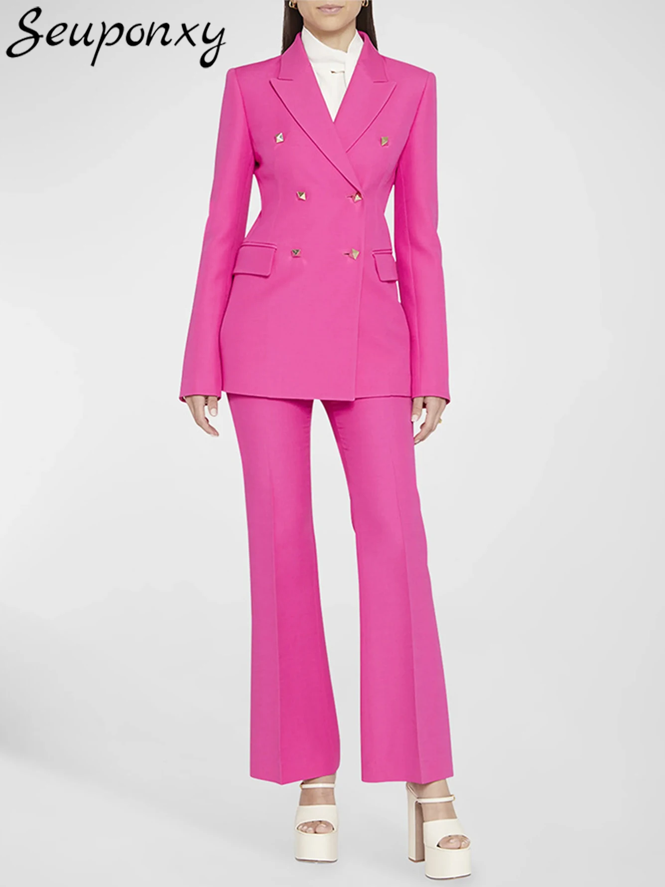 

High quality 2023 New Fashion Women's Slim Fit 2 Piece Set Sexy V-neck Double breasted Blazer+Flare Pants High Street Star Set
