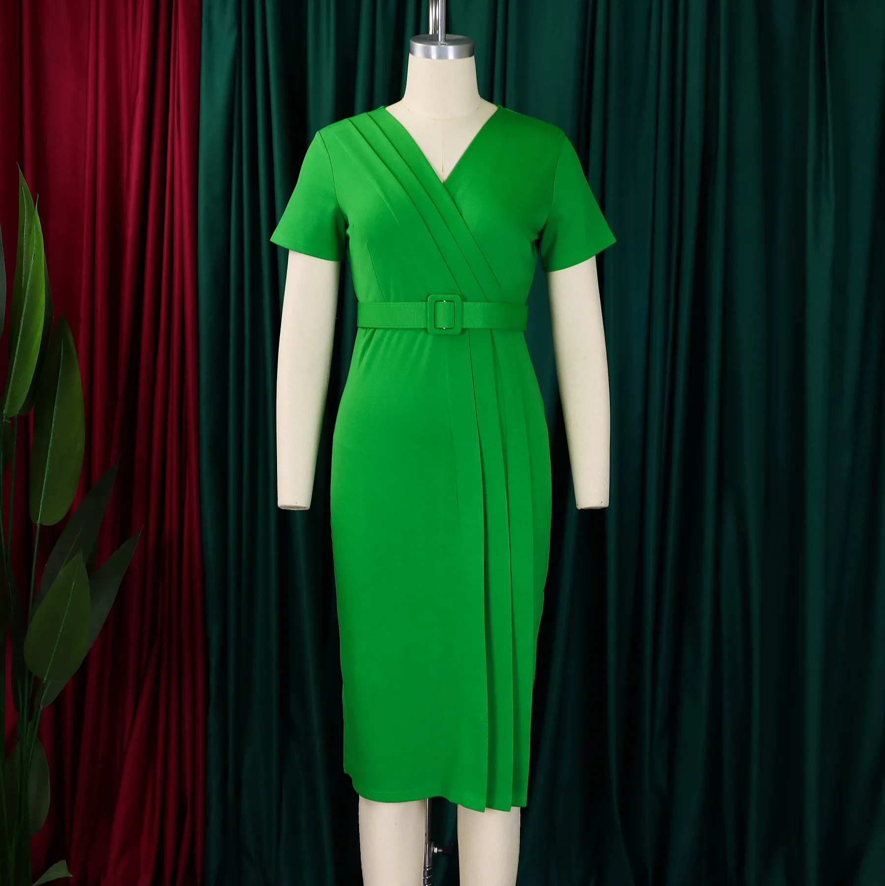 

ATR- D504#Women's New V-neck Waist Pencil Skirt Graduation Gown Bridesmaid Dress Cocktail Party Dress With Belt Cheap Wholesale
