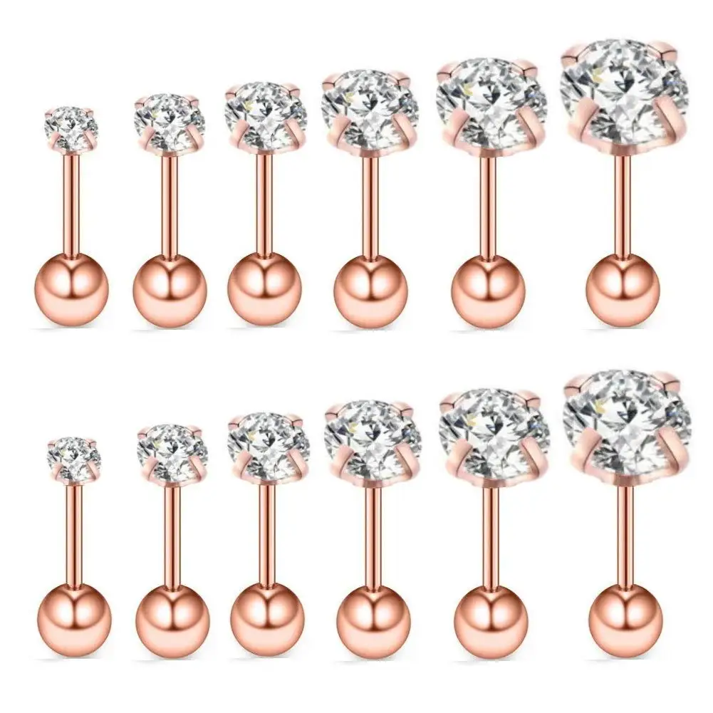 16g Surgical Stainless Steel Cubic Zirconia Studs Cartilage Helix Earrings Screw Backs Ear Tragus Auricle Piercing Jewelry 2-8mm