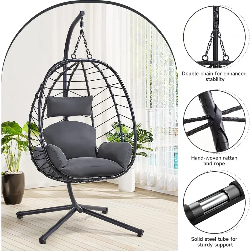 Hanging Egg Chair with Stand, Outdoor Indoor Egg Swing Chair with Cushion Headrest, Wicker Rattan Egg Chair with Chains, 35