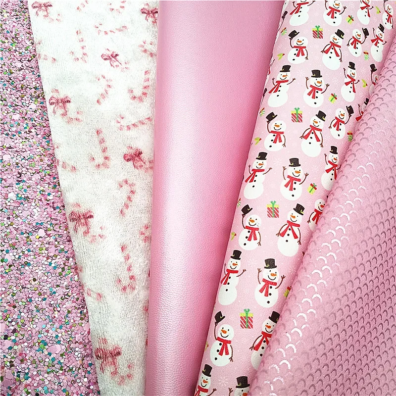 Pink Glitter Leather Sheets Snowmen Printed Synthetic Leather Candy Canes Velvet Fabric Fish Scales Leather For Bows Craft W399