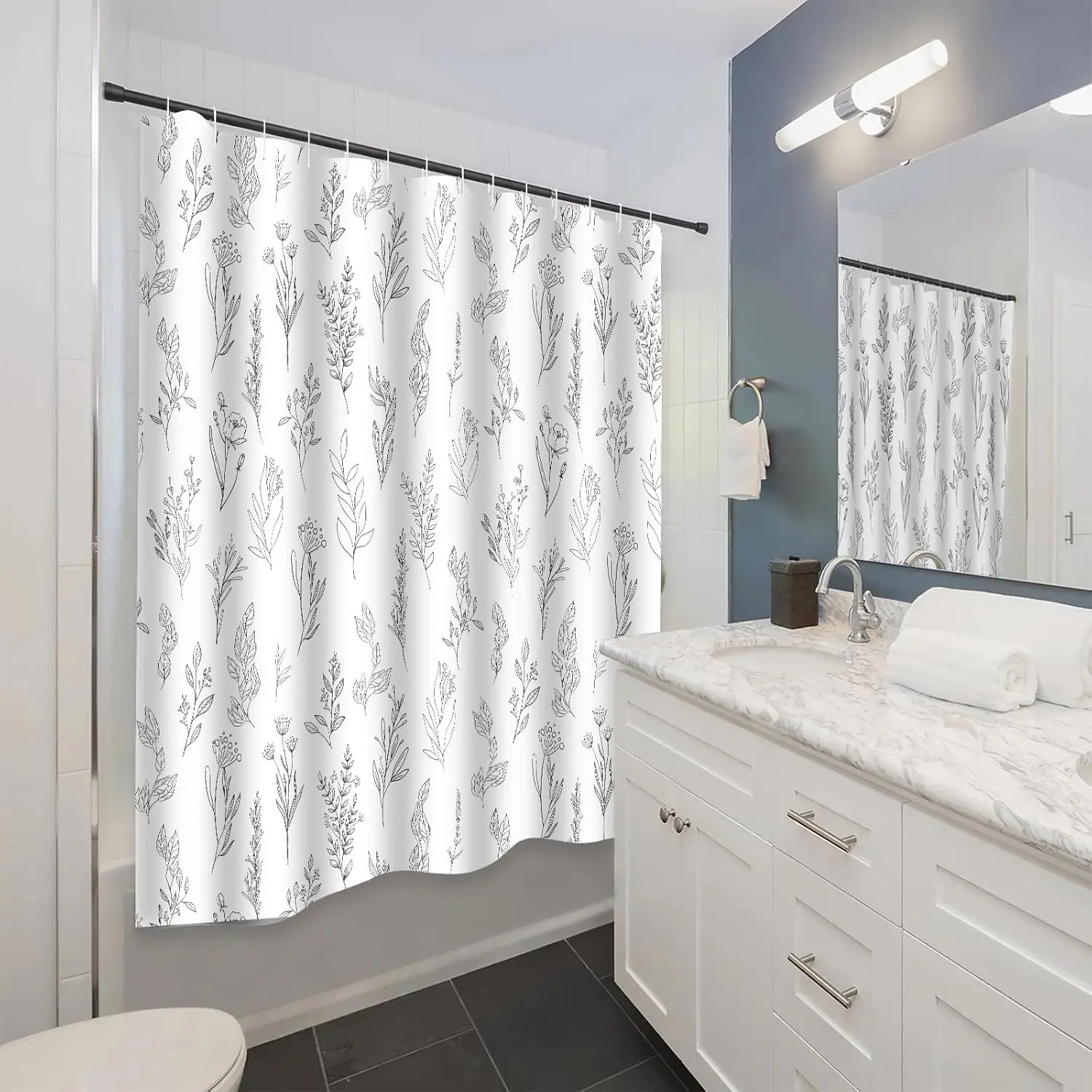 

Ботаническая цветочная занавеска для душа для декора ванной комнаты, черно-белая простая современная стильная дикая цветочная травяная занавеска для ванной комнаты
