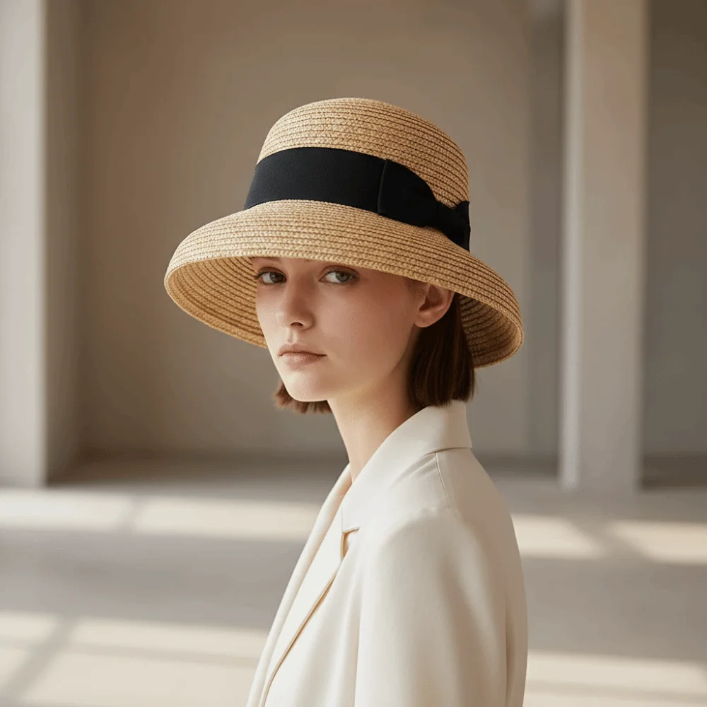 High-Density Weave Wheat Straw Cloche Breathable Retainable Shape French Style Sun Hat Lightweight Comfort Grosgrain Ribbon Trim