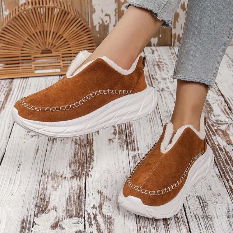 2025 New Winter Fashion Women's Cotton Shoes, Large-sized, Fleece, Thickened, Frayed, Warm Flat Cotton Shoes for Women，36-42