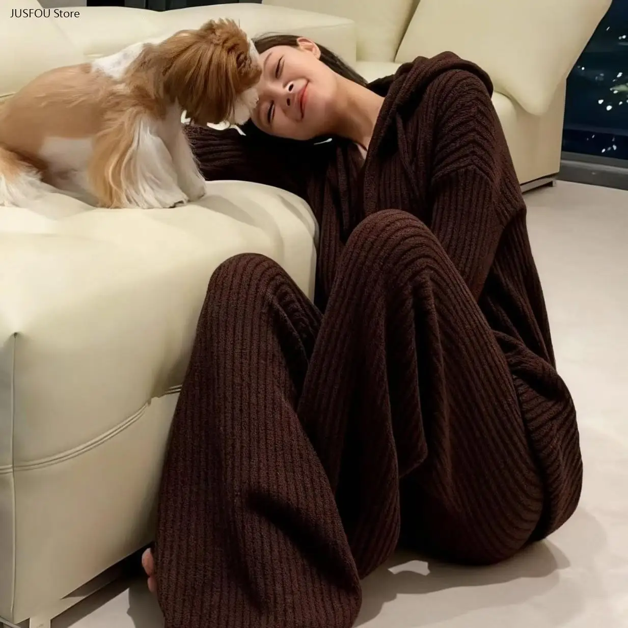 Women Autumn Winter New Half Sided Fleece Hooded Pajama Set Lazy Style Thick Warm Soft Casual Cozy Loungewear Sleepwear Suit
