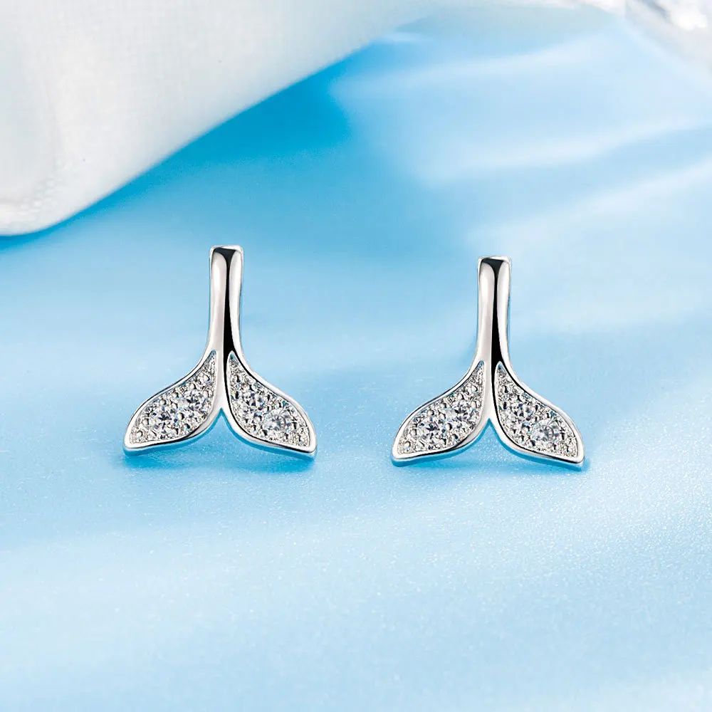 Solid 925 Sterling Silver Jewelry Crystal Zircon Whale Tail Stud Earrings For Women New Fashion XY0523