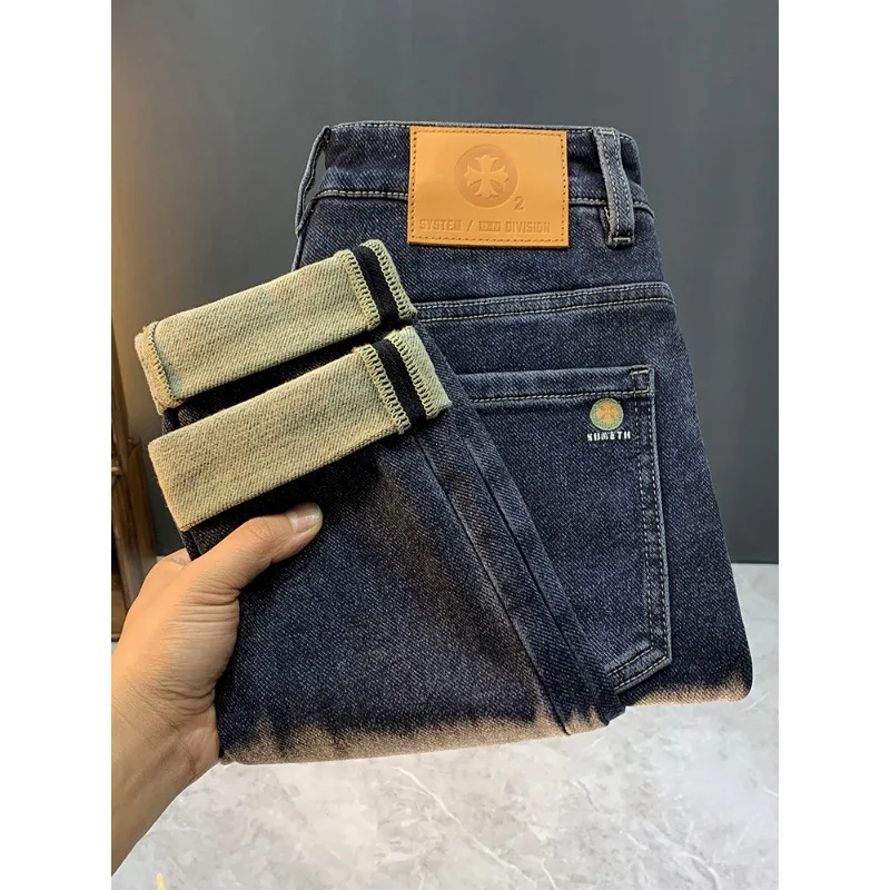 Winter New Thin Fleece High Quality Thick Jeans Men'S Stretch Straight Slim Comfortable Men'S Pants Fashion Brand Denim Long Pan