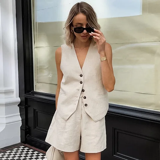 

Женский элегантный однотонный жилет и брюки, однобортный жилет с v-образным вырезом + тонкие шорты с высокой талией, женские офисные костюмы