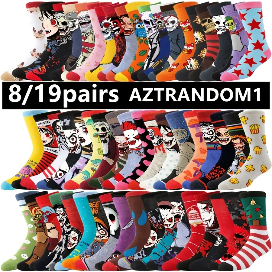 

8/19pairs Adult Unisex Cartoon Anime Socks Hip Hop Street Funny Casual Novelty Crew Socks