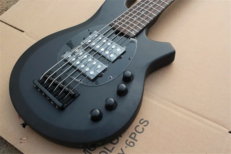 Flyoung 6 Strings Matte Black Electric Bass Guitar with Moon Inlays,Humbucker Pickups,Offer Customize