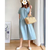 SimpleArtistic Loose-Fit Slimming Cotton Linen Dress Women's Summer 2023 New Plus Size Medium-Length Skirt