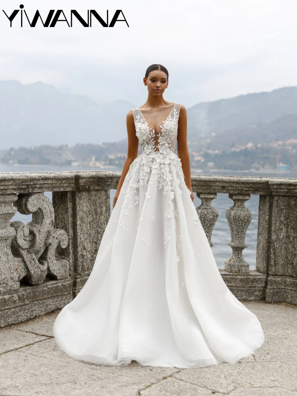 

Glitter Tulle Lace Appliques Wedding Dress Illusion Tank Sleeve Bridal Gown Customized Dreamy A-line Long Dresses For Bride