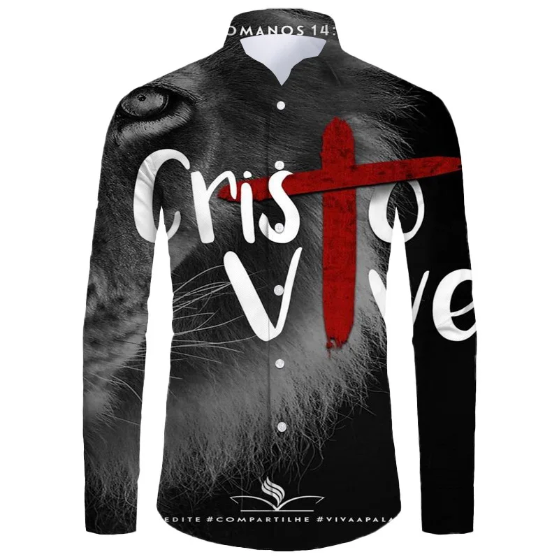 La cruz de moda 3D camisas sobre Jesús Love Everone ropa cristiana para hombres, nueva llegada, solapa de verano, camisa de manga larga, Tops