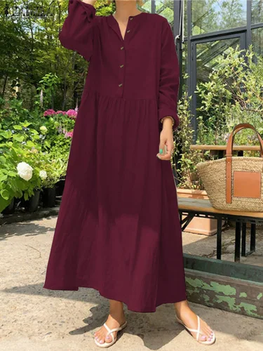 Imagen 2 del producto ZANZEA-vestido elegante de algodón liso para mujer, vestido largo bohemio para primavera y otoño, camisa informal de manga larga, vestidos de gran tamaño 2022