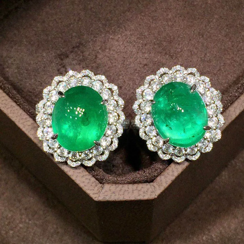 

Flower Lab Emerald Diamond Stud Earring 100% Real 925 sterling silver Promise Wedding Earrings for Women Bridal Party Jewelry