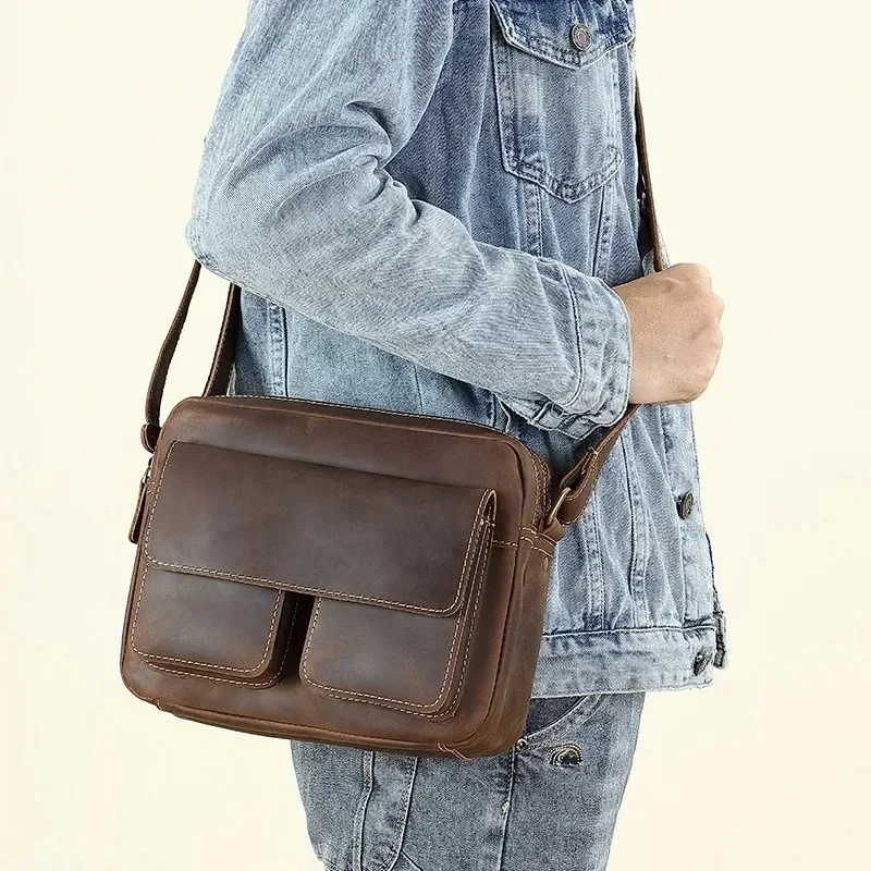 

GENUINE LEATHER Shoulder Bag for Men Vintage Crossbody Messenger Business Office Hand Bag Sling Tote Transverse for Male