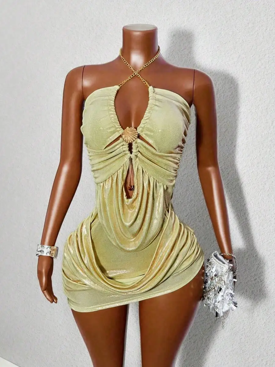 

Women's Metallic Shell-Embellished Ruched Halter Mini Dress