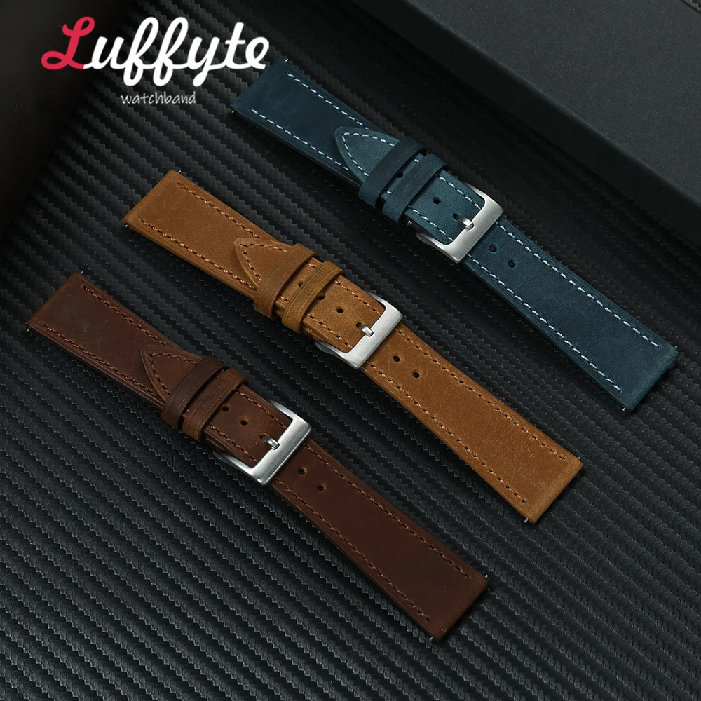 Herren Crazy Horse Leder Uhrenarmband mit Schnellverschluss-Federstegen 18/19/20/21/22mm Universeller Ersatz-Armbandriemen