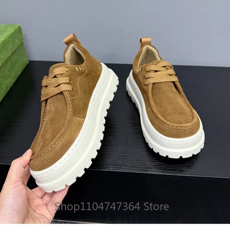 Men's Cow Suede Lace Up Thick Soled Board Shoes Youth Male Casual Outdoor Walking Comfortable Sneakers Flats Work Shoes