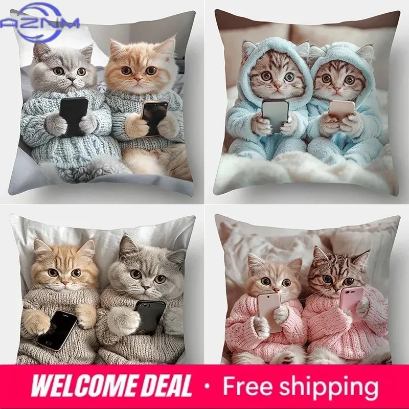 Cute Kitten Pattern Cushion Cover for Looking At Cell Phone 18x18in Cartoon Style Pillow Covers for Home Decor and Gift Giving