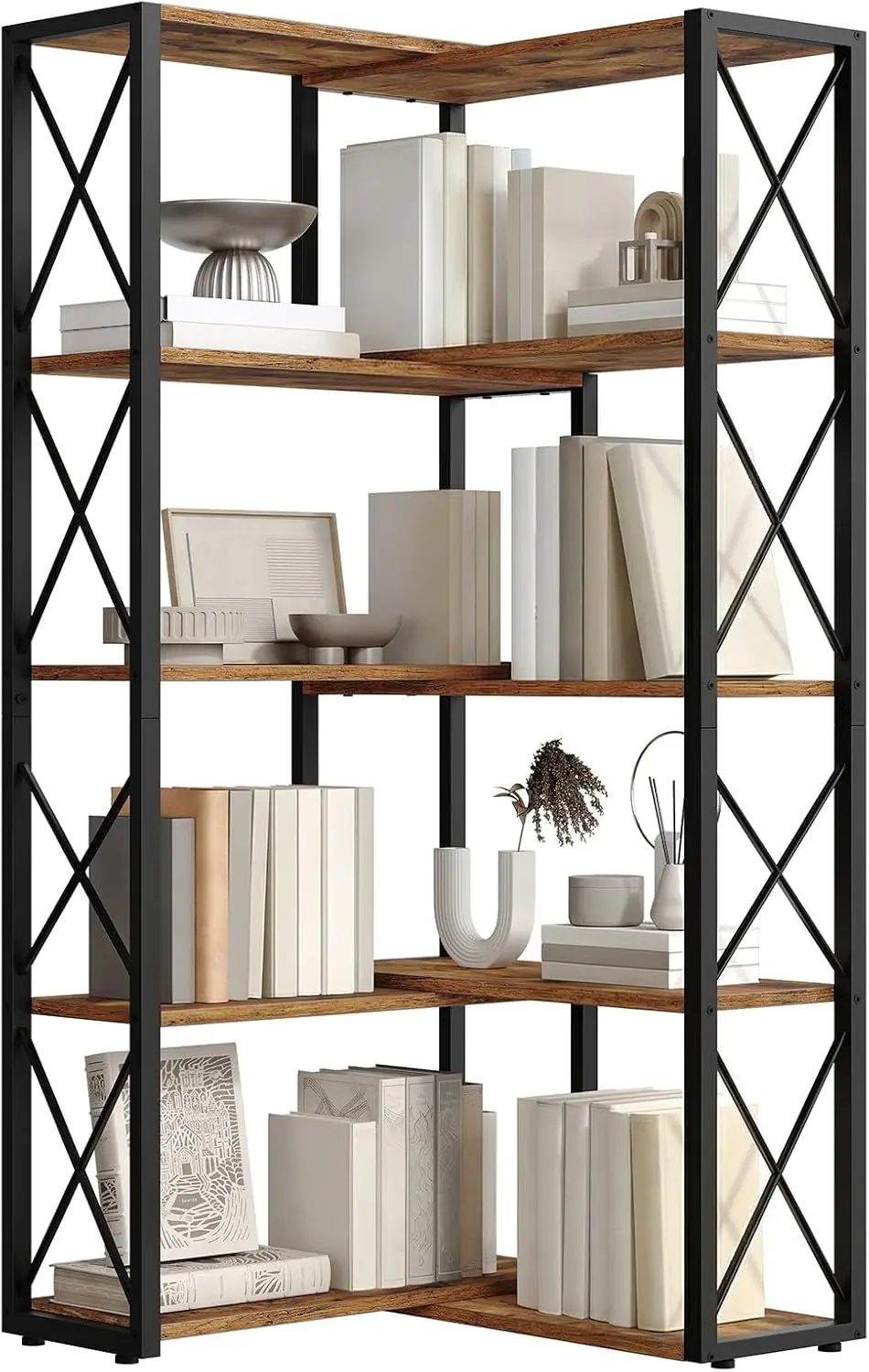 

5-Tier Industrial Corner Bookcase, L-Shaped or Linear Storage Rack for Office, Living Room, Bedroom in Rustic Brown and Black