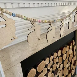Happy Easter rabbit bunny wood bead Garland banner Fireplace Mantel Tiered tray Boho rustic farmhouse home wall Decoration sign