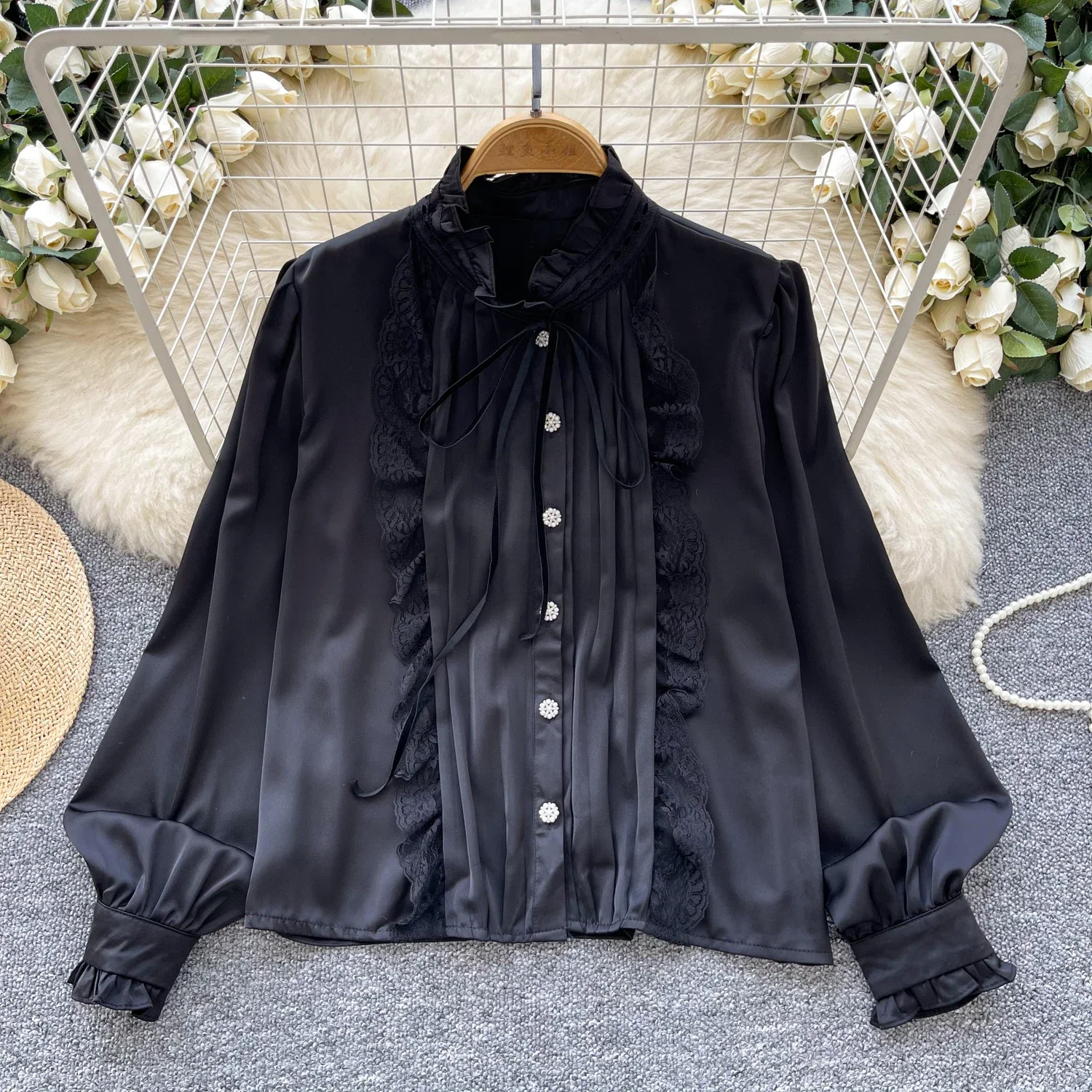 Basics Stand Neck Lace-up Long Sleeve Ear Fungus Edge Chic Single Breasted Satin Top French Streetwear High Street Autumn Blouse