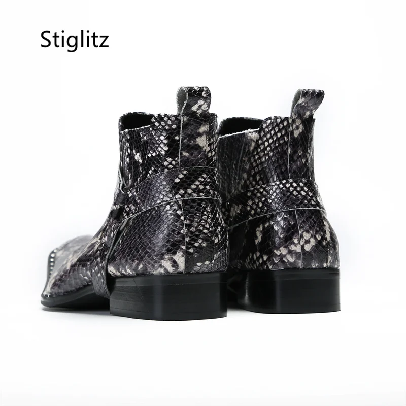 Snake Pattern Genuine Leather Boots for Men Belt Buckle Ankle Boots Slip On Low Heel Western Boots Elegant Male Dress Shoes