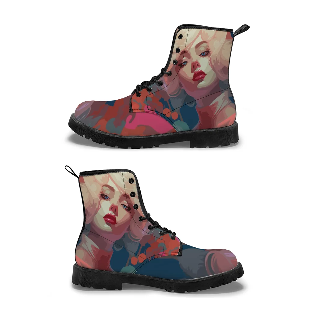

Модные ботинки до середины икры с принтом портрета девушки, стильные осенне-зимние ботинки для мужчин и женщин.