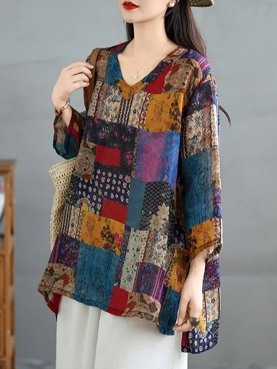 

Хлопково-льняная футболка V-Ne с разрезом на боковых пуговицах, длиной миди, с принтом Seven-Quarter Sve, антивозрастной женский топ в китайском стиле