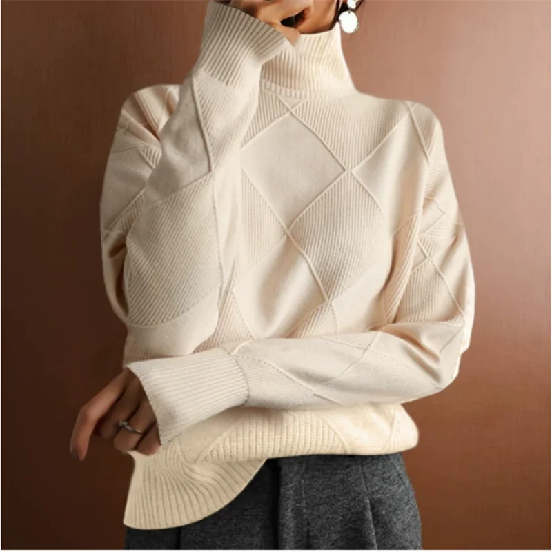 

Korean Chic Knitted Turtleneck Sweater Top Green Purple Fashion Women Loose Casual Pullover Beige Blue Black Long Sleeve Jumper