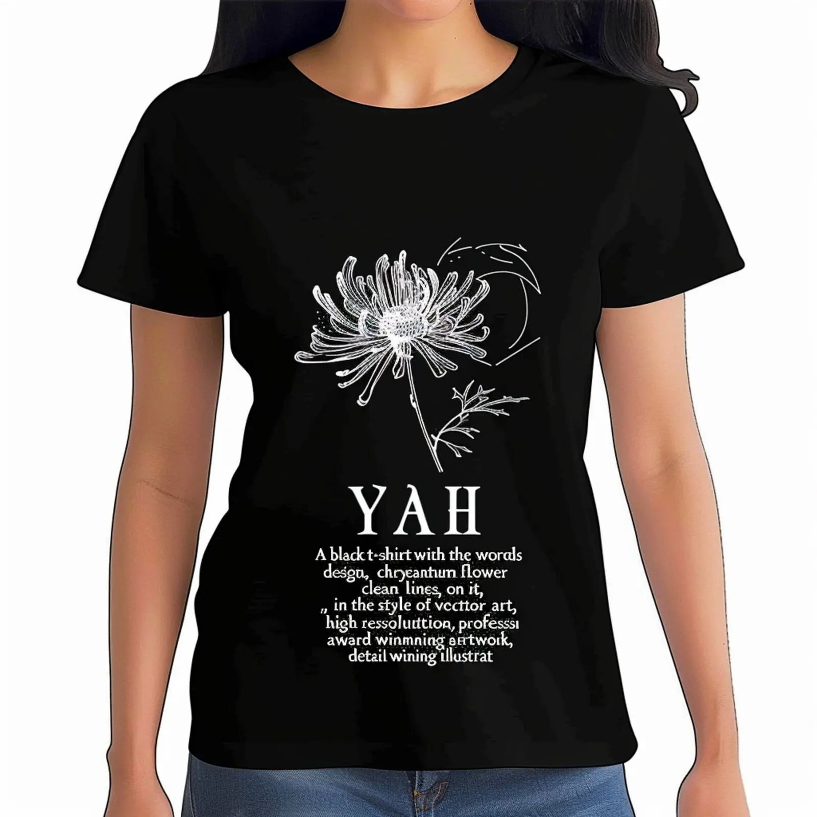 Daughter of Yah Black T Shirt with Chrysanthemum Flower Design Artwork for Print