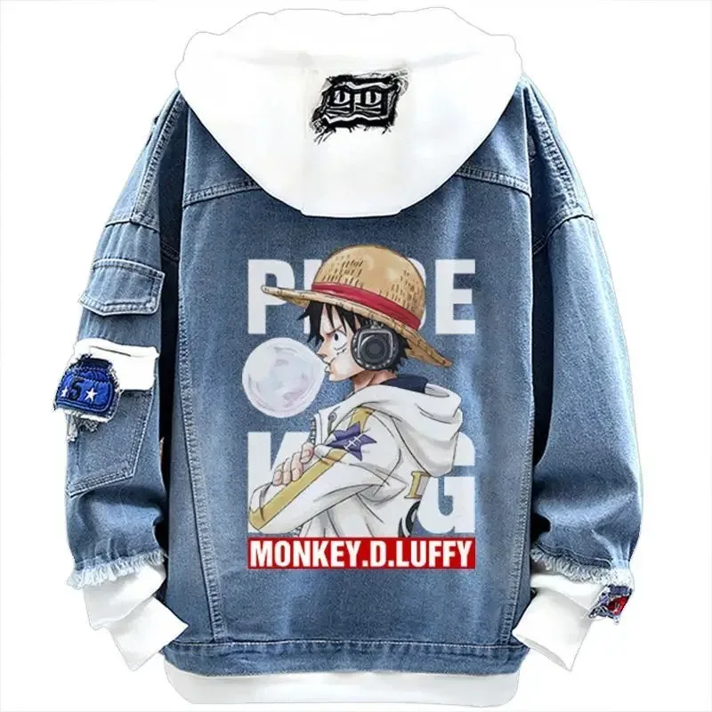 2026 Anime One Piece Luffy Headphone Portrait Denim Jacket Hooded Spliced Sweatshirt Collar Washed Blue Street Casual Jean Tops