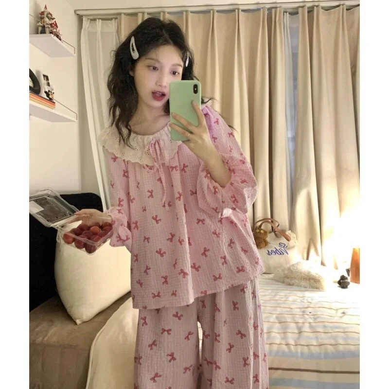 Pijamas franceses Retro de Instagram para mujer, conjunto de manga larga para primavera y otoño, ropa cómoda, dulce y bonita de encaje para el hogar, nuevo estilo