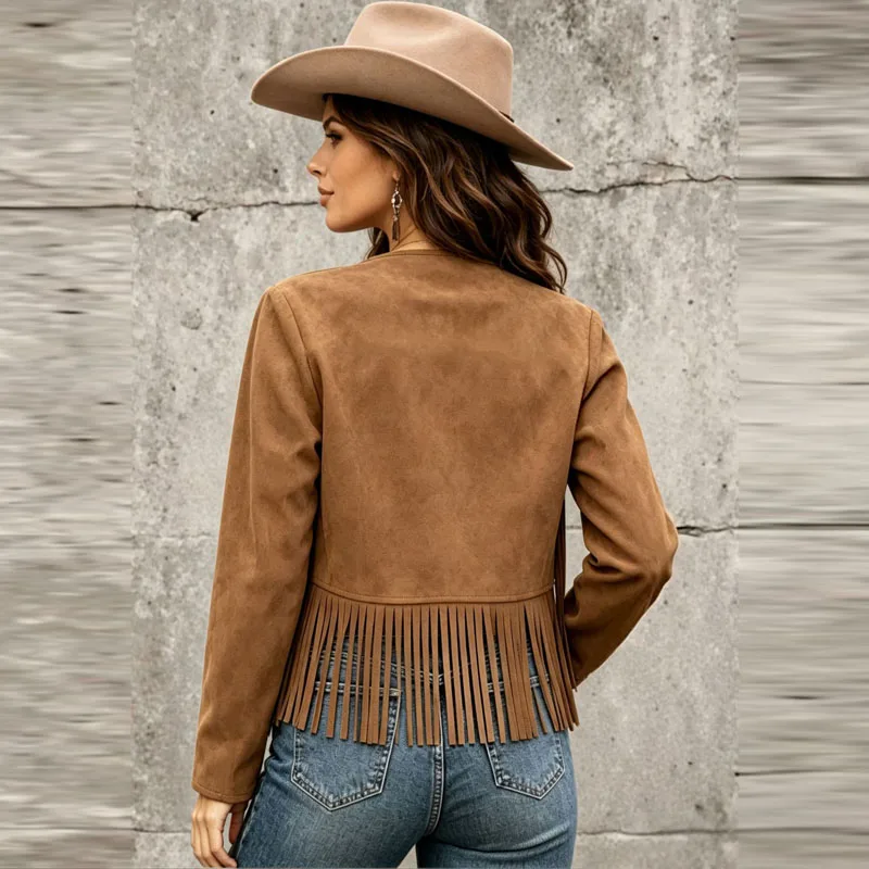 Women Western Fringe Rivet Jacket Faux Suede Long Sleeve Open Front Cropped Coat Vintage Cowgirl Style Ladies Casual Outerwear